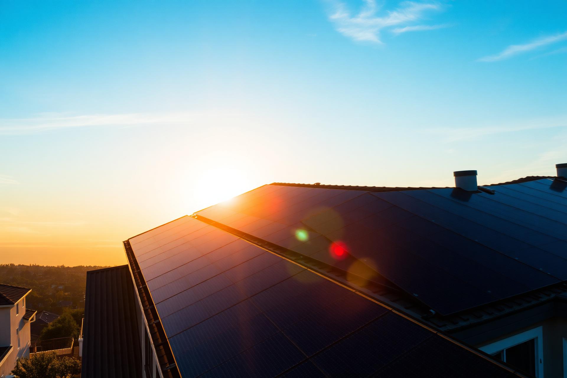 Modern rooftop solar panel installation at sunset